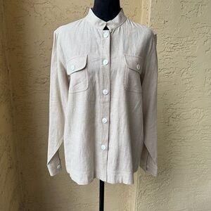 Coldwater Creek Beige Top SZ S Linen Blend Shirt Pockets Long Sleeve Casual